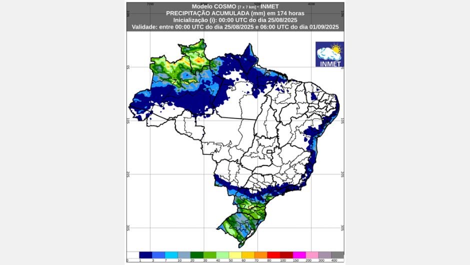 Figura 1: previsão de chuva acumulada (25 de agosto a 31 de agosto de 2025); fonte: Inmet