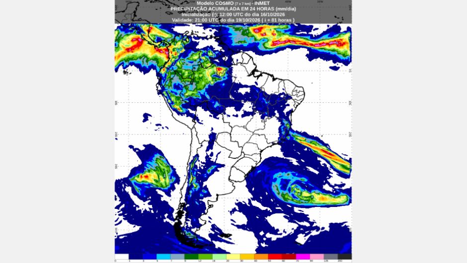 Previsão de acumulados de chuva de sexta-feira (16/10) a segunda-feira (19/10), conforme o modelo numérico de previsão de tempo Cosmo; fonte: Inmet