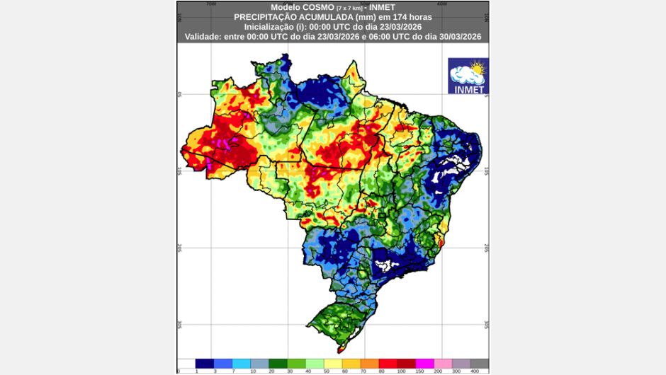 Figura 1: previsão de chuva acumulada (23 a 30 de março de 2026); fonte: Inmet