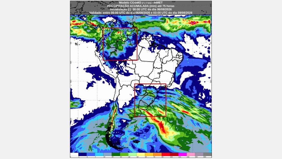 Previsão de chuva acumulada em milímetros até 0h (horário de Brasília) de domingo, 9 de agosto de 2026; fonte: Inmet