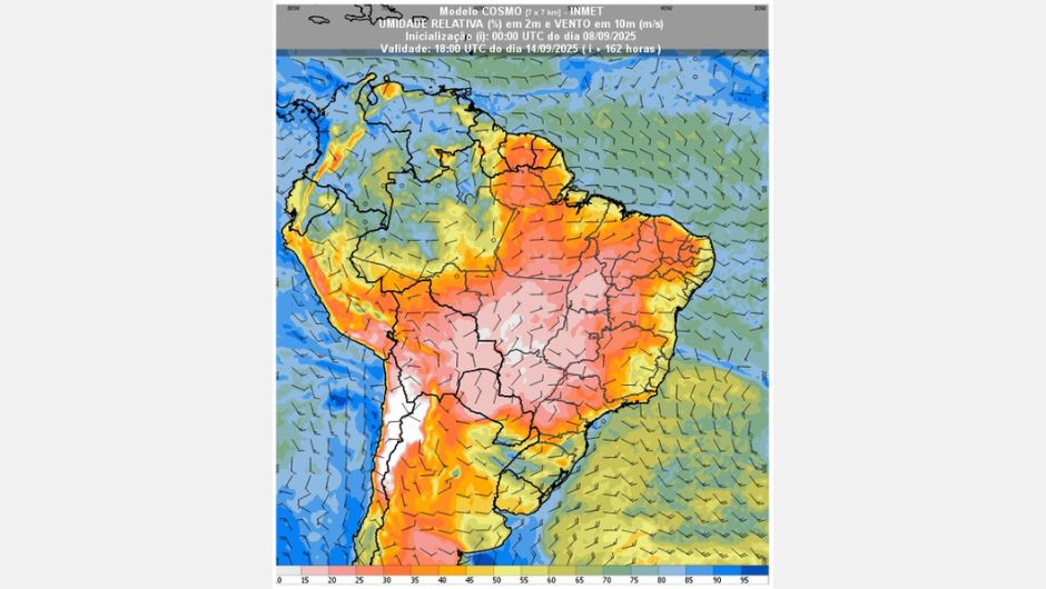 Figura 2: previsão de umidade relativa do ar (%) em 2 m e vento a 10 m (m/s) no dia 14 de setembro de 2025; fonte: Inmet