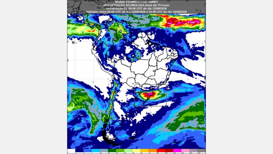 Previsão de chuva acumulada (mm) até as 00h (horário de Brasília) de sábado, 15 de agosto de 2026; fonte: Inmet