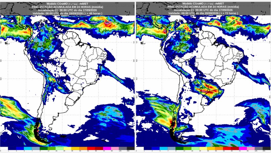 Previsão de chuva acumulada (mm) de quinta-feira (17/9) até o final da noite de sábado (19/9); fonte: Inmet
