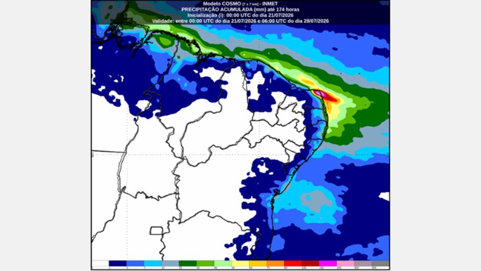 Previsão de precipitação acumulada (mm) para a região Nordeste nos próximos 7 dias, obtidas a partir do modelo Cosmo; fonte: Inmet
