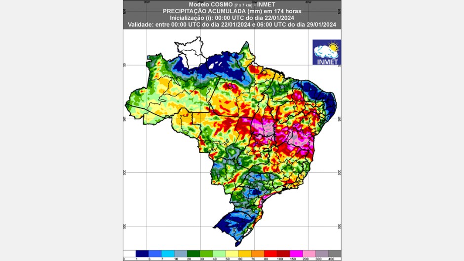 Figura 1: previsão de chuva para 1ª semana (22 e 29/01/2024); fonte: Inmet