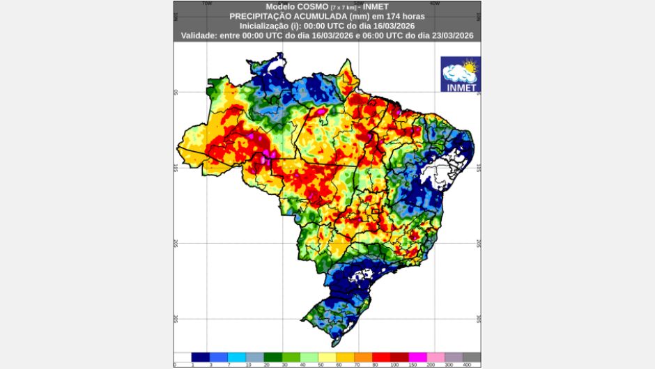 Figura 1: previsão de chuva acumulada (16 a 23 de março de 2026); fonte: Inmet