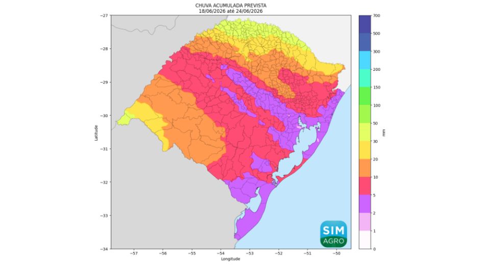 Chuva prevista (em mm) pelo modelo Icon de 18 a 24 de junho de 2026