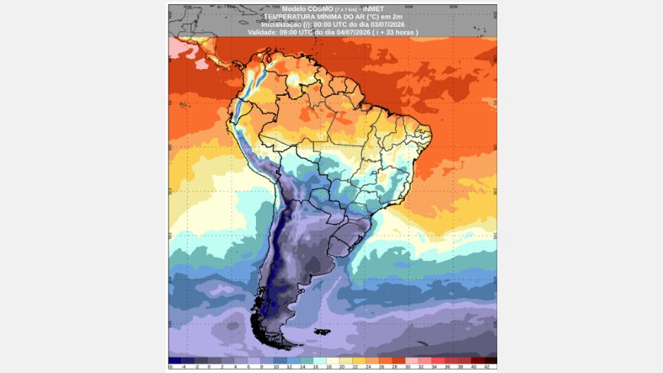 Previsão de temperatura mínima para a manhã do dia 4/7/2026 do modelo Cosmo; fonte: Inmet
