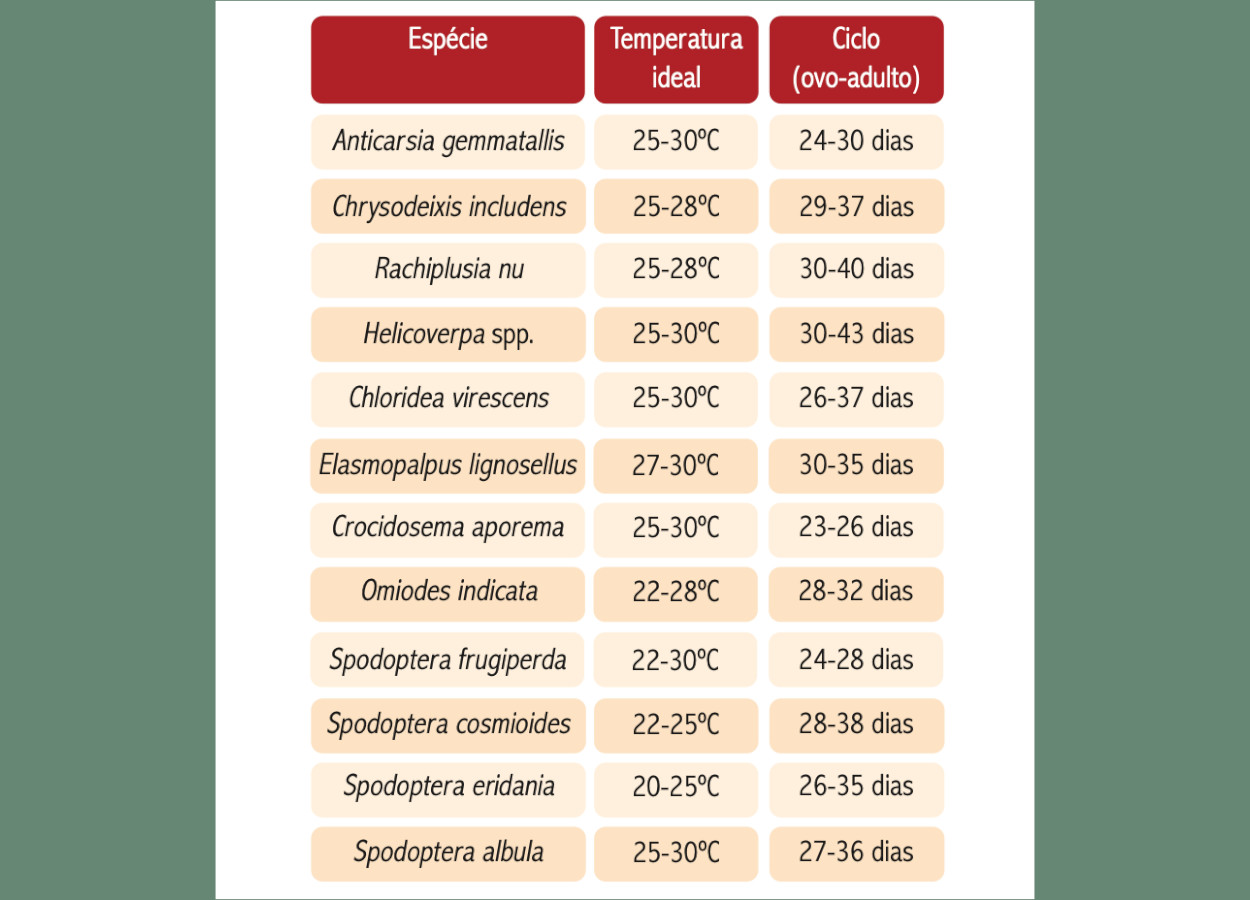 <b>Tabela 1 -</b> faixas ideais de temperatura e ciclos ovo-adulto das lagartas