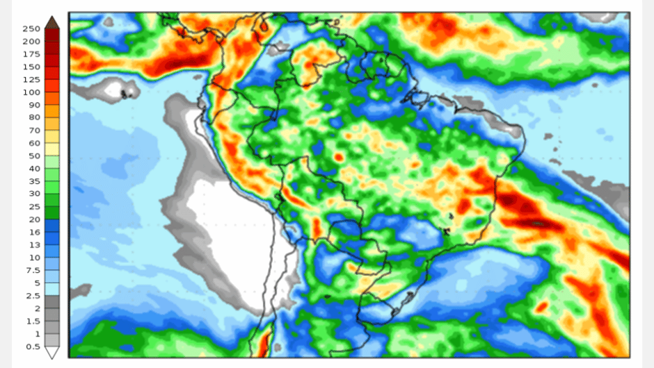 Figura 2: previsão de chuva para 2ª semana (31/10/2023 a 8/11/2023); fonte: GFS