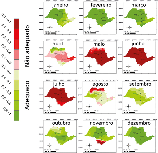 Figura 2 - Mapas do estado de São Paulo, gerados a partir do índice Fuzzy, indicando as regiões mais (tons de verde) e menos (tons de vermelho) adequadas para o controle biológico de D. citri com liberações do parasitoide T. radiata (Adaptado de Garcia et al, 2019).