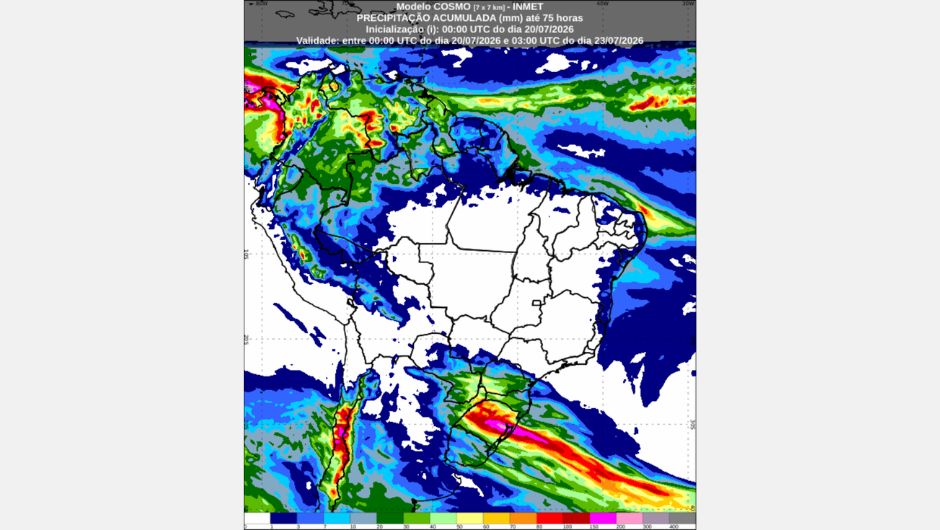 Previsão da precipitação acumulada (mm) entre 21h de 20 de julho de 2026 e 00h (horário de Brasília) de 23 de julho de 2026, obtida a partir do modelo de previsão numérica do tempo Cosmo