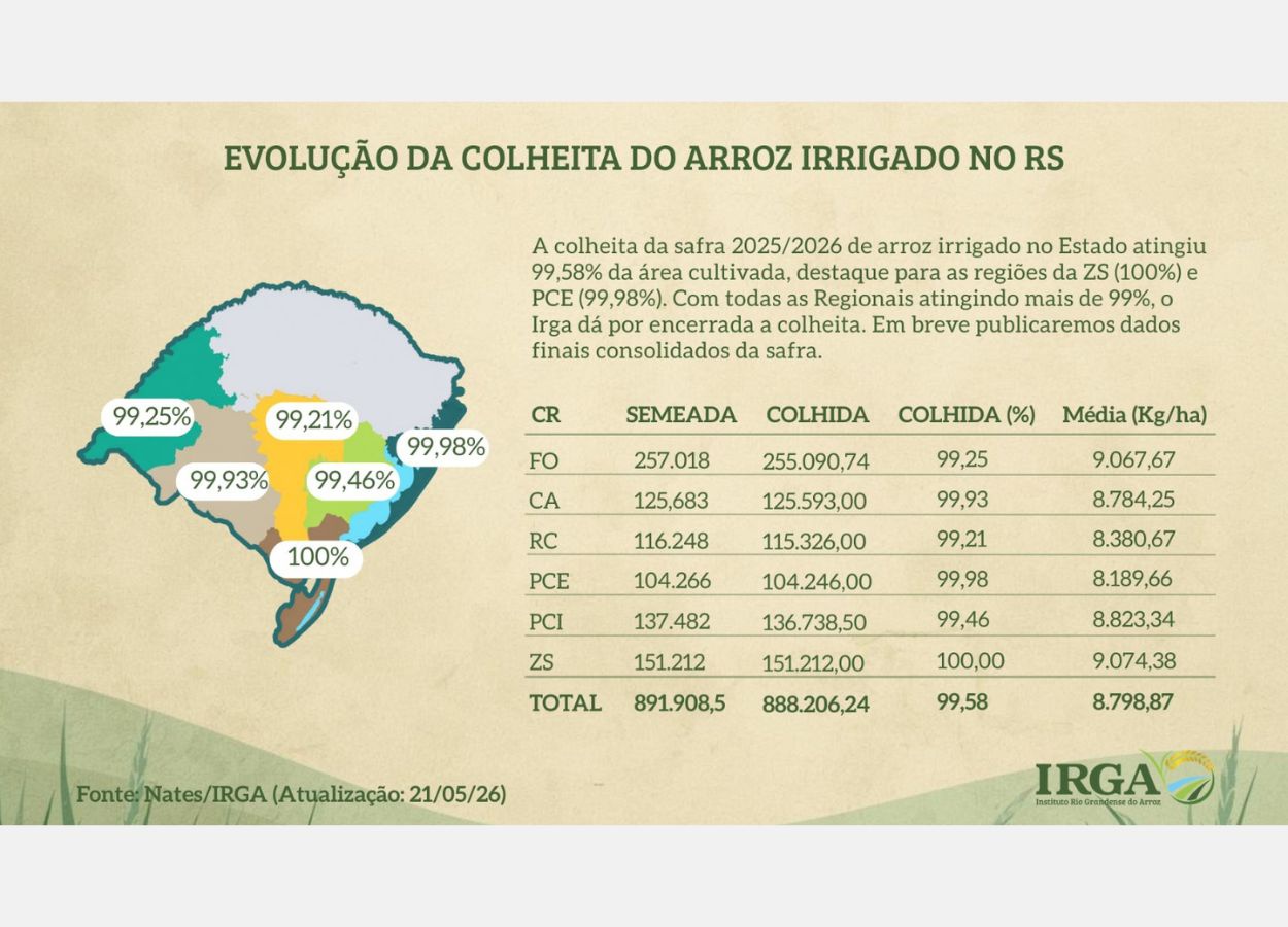 Irga dá por encerrada a colheita do arroz na safra 2025/26