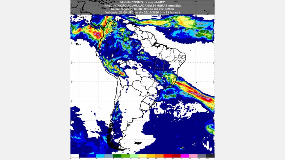 Previsão de acumulados de chuva para segunda-feira (26/10), conforme o modelo numérico de previsão do tempo Cosmo; fonte: Inmet