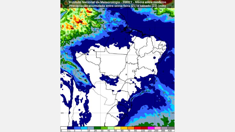 Previsão de chuva acumulada (mm) entre sexta-feira (21) e sábado (22)