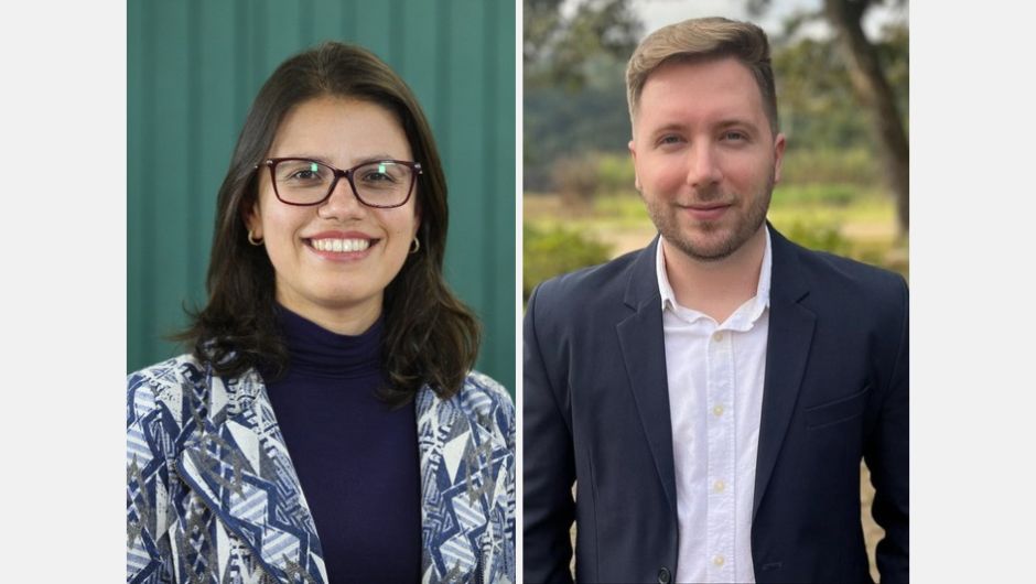 Camila Ribeiro de Souza Grzybowski, gerente do Peara-POV e coordenadora do Projeto Produzindo Alimento Seguro, e Jeferson Sabino Fabris Pezotti, coordenador de Stewardship &amp; Regulamentação da Aenda
