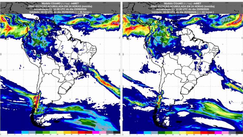 Previsão de precipitação acumulada (mm) de quarta-feira (23/9) até o fim de sexta-feira (25/9),&nbsp;conforme o modelo de previsão numérica do tempo Cosmo; fonte: Inmet