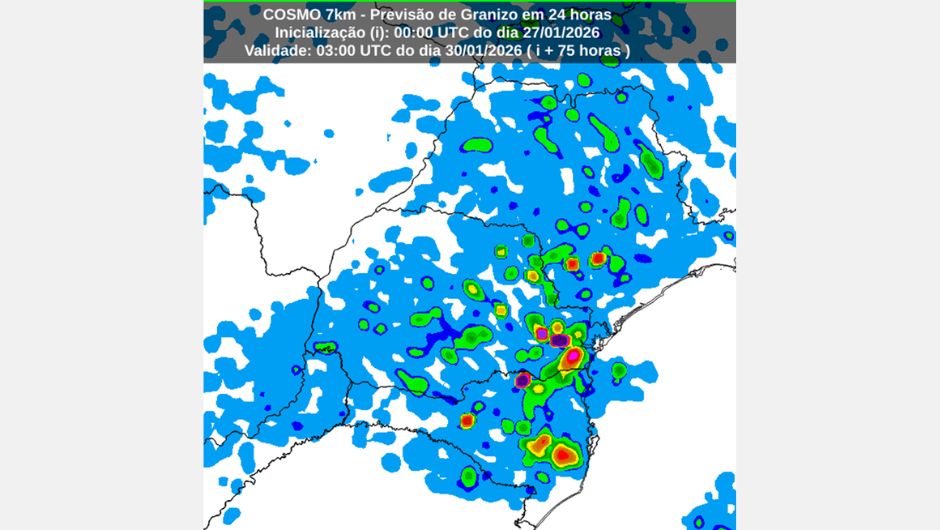 Figura 1 - previsão de queda de granizo para quinta-feira (29)