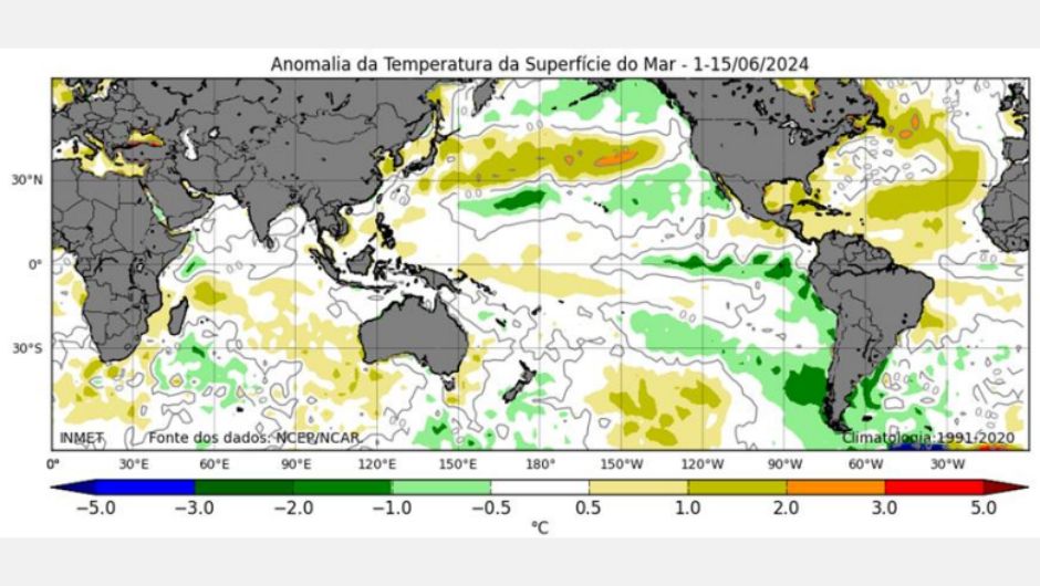 Figura 2: anomalia Mensal de Temperatura da Superfície do Mar (TSM) para a 1ª quinzena de junho /2024; áreas sombreadas em verde indicam anomalias negativas, enquanto áreas em amarelo indicam anomalias positivas; fonte: Inmet/NCEP-NCAR
