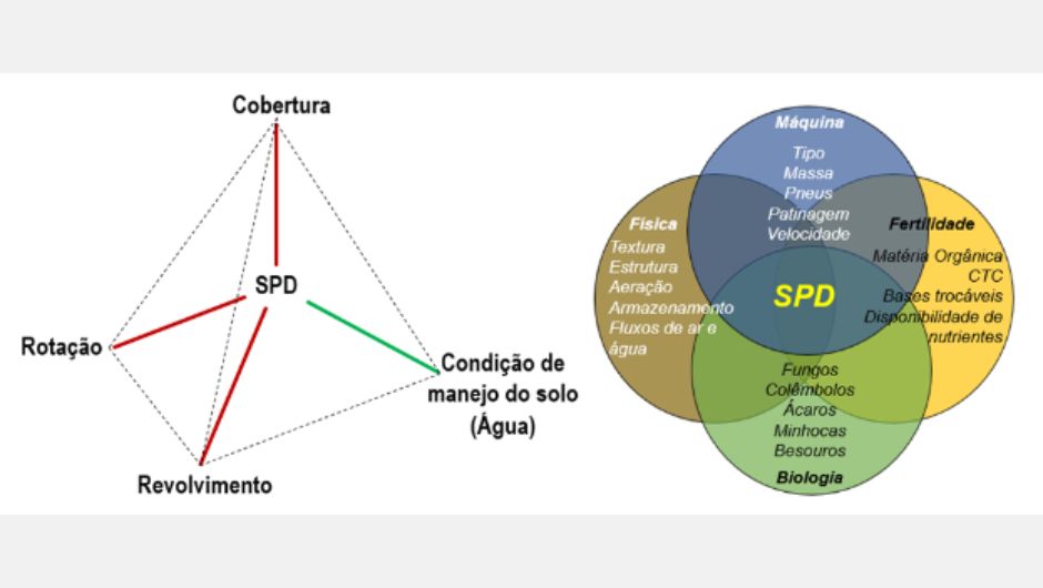 Figura 1 - “tripé” do sistema plantio direto e algumas das inter-relações entre fatores físicos, químicos, biológicos e mecânicos (GPRSM-UFRGS, 2018)