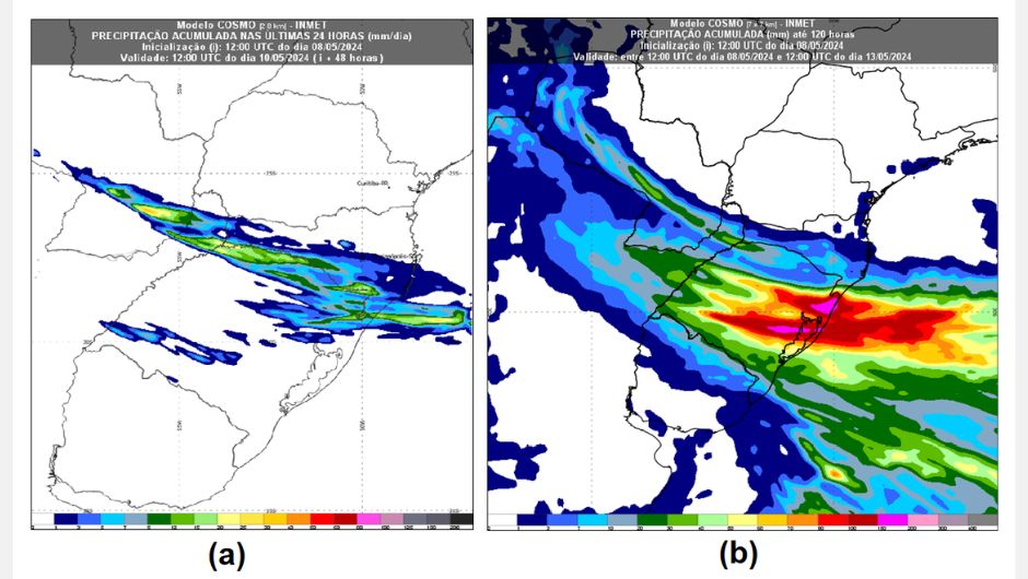 Figura 1: precipitação (chuva), em milímetros (mm), acumulada em (a) 24h de quarta-feira (8) às 9h da quinta-feira (9), pelo modelo Cosmo 2,8 km e (b) 120h até 9h de 13 de maio pelo modelo Cosmo 7 km