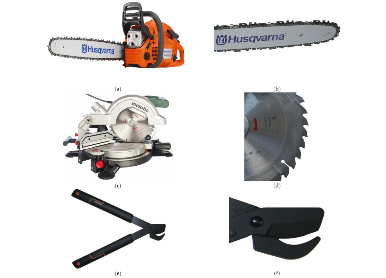 Unidades de corte: (a) motosserra elétrica Husqvarna 436Li; (b) barra guia da motosserra; (c) serra circular METABO KS 216 M Lasercut; (d) lâmina de serra; (e) tesoura de poda Fiskars L28; (f) lâmina de corte da tesoura de poda.