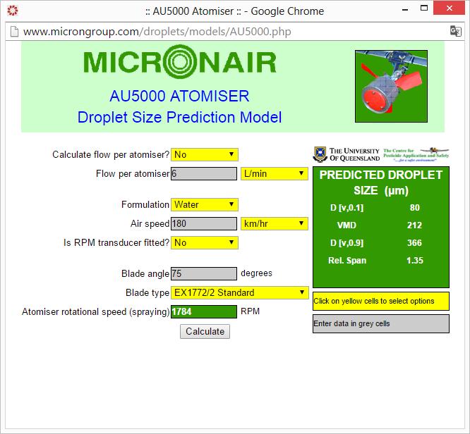 Figura 1 - Imagem da tela do aplicativo do Micronair, que fornece dados do espectro de gotas baseado em pesquisa realizada na Universidade de Queensland (Austrália). Os valores de tamanho de gotas (em micrometros) foram obtidos em analisador por difração de laser Sympatec HELOS.