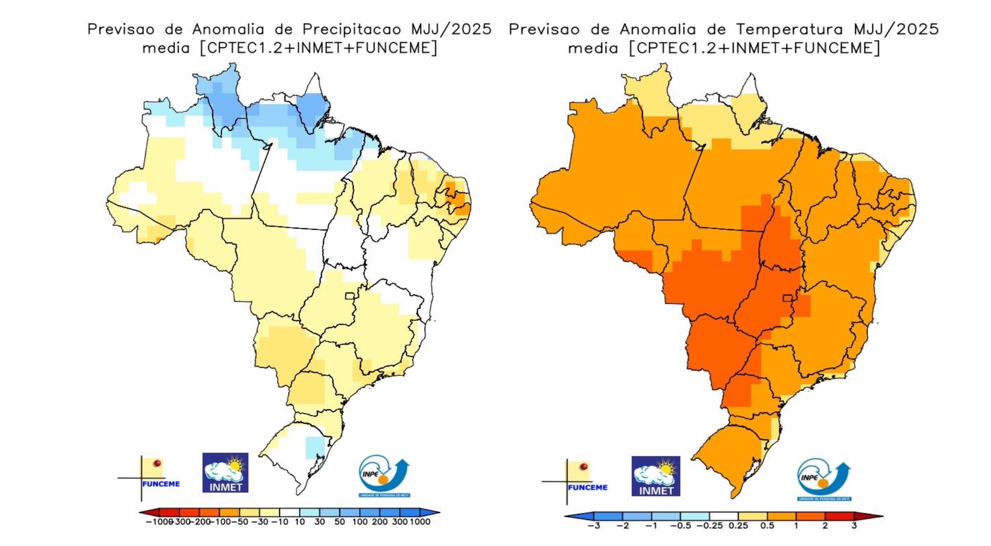 Previsão de anomalias de precipitação (esq.) e temperatura média do ar (dir.) para o trimestre maio-junho-julho de 2025
