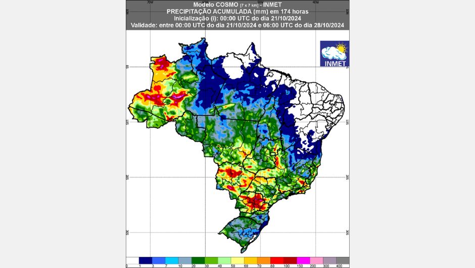 Figura 1: previsão de chuva (21 e 28 de outubro de 2024); fonte: Inmet