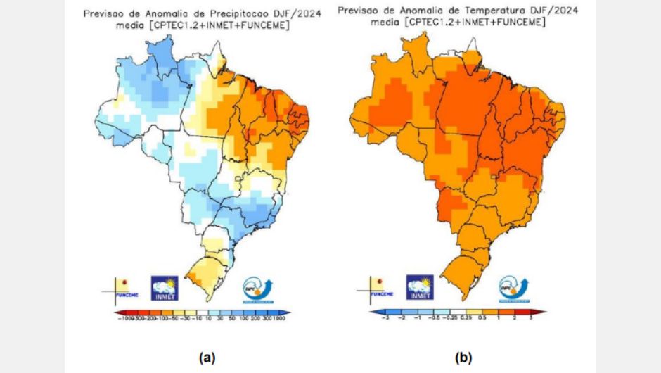 Figura 1: previsão de anomalias de (a) precipitação e (b) temperatura média do ar do multi-modelo Inpe/Inmet/Funceme para o trimestre DJF/2024-2025