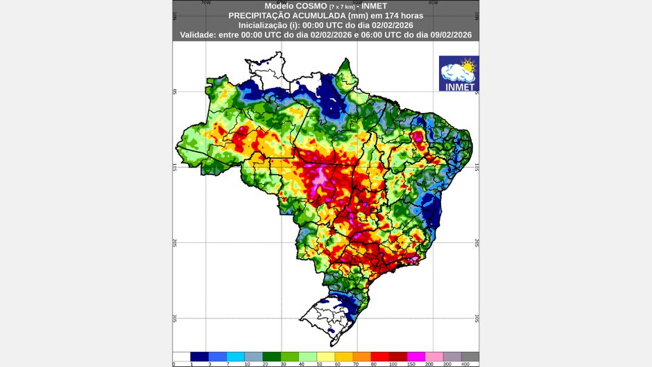 Figura 1: previsão de chuva acumulada (2 a 9 de fevereiro de 2026); fonte: Inmet