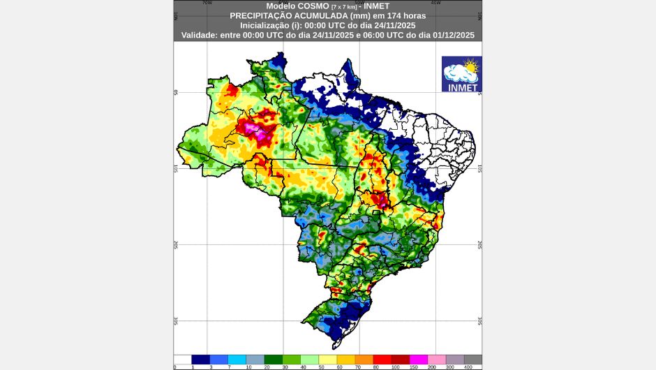 Figura 1: previsão de chuva acumulada (24 de novembro a 1 de dezembro de 2025); fonte: Inmet