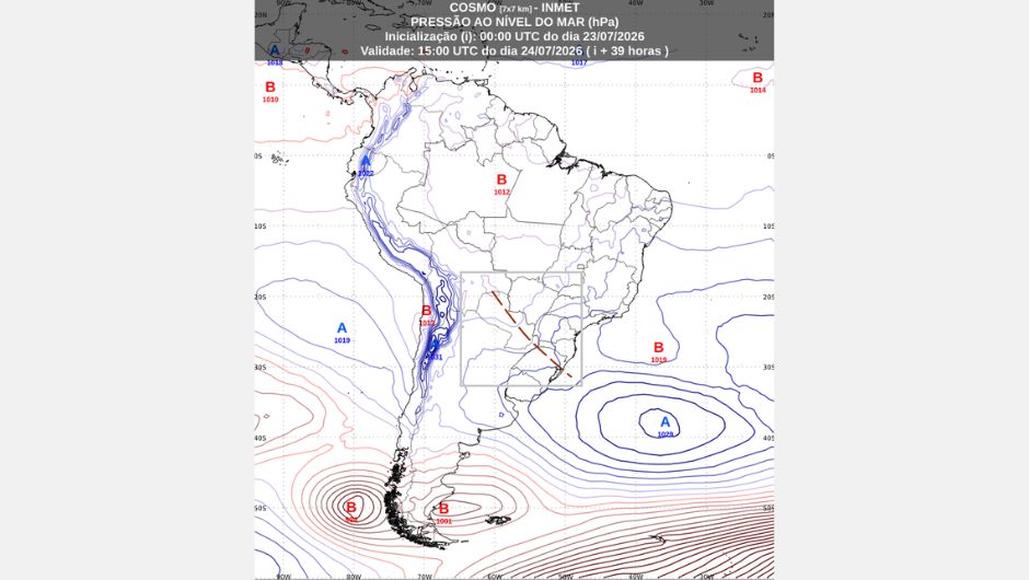 Previsão de pressão ao nível médio do mar às 12h (horário de Brasília) de sexta-feira, 24 de julho de 2026, obtida a partir do modelo de previsão numérica do tempo Cosmo; fonte: Inmet