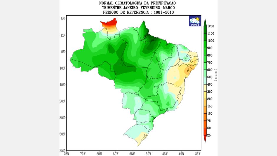 Figura 1: climatologia de precipitação para o trimestre Janeiro- Fevereiro-Março; período de referência: 1981 – 2010