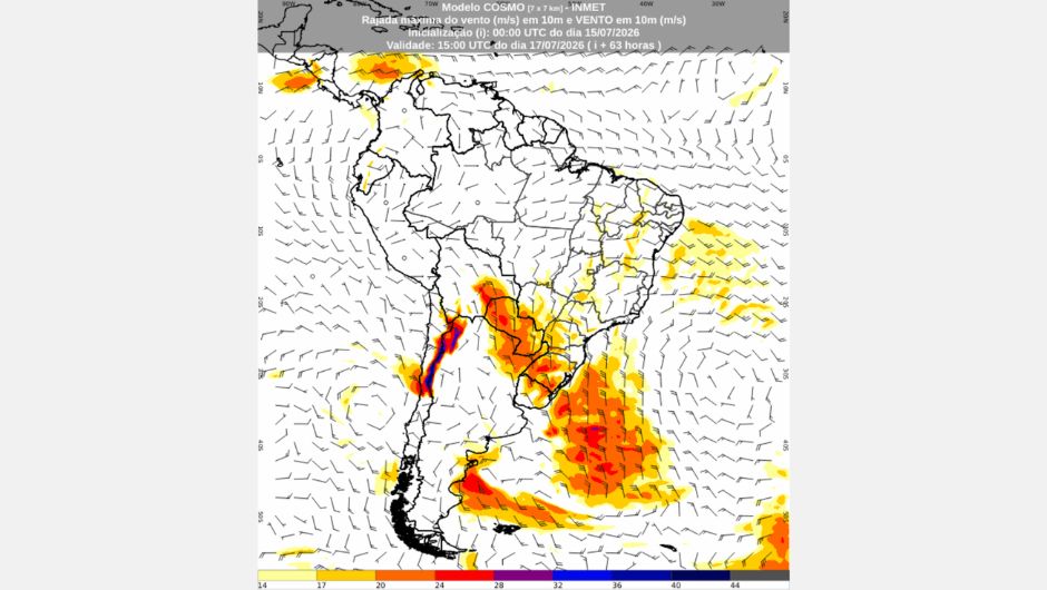 Mapa de previsão de velocidade máxima do vento a 10 metros acima da superfície para 12h (horário de Brasília) do dia 17 de julho de 2026, proveniente do modelo de previsão numérica do tempo Cosmo