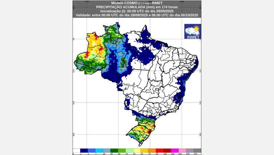 Figura 1: previsão de chuva acumulada (29 de setembro a 06 de outubro de 2025); fonte: Inmet