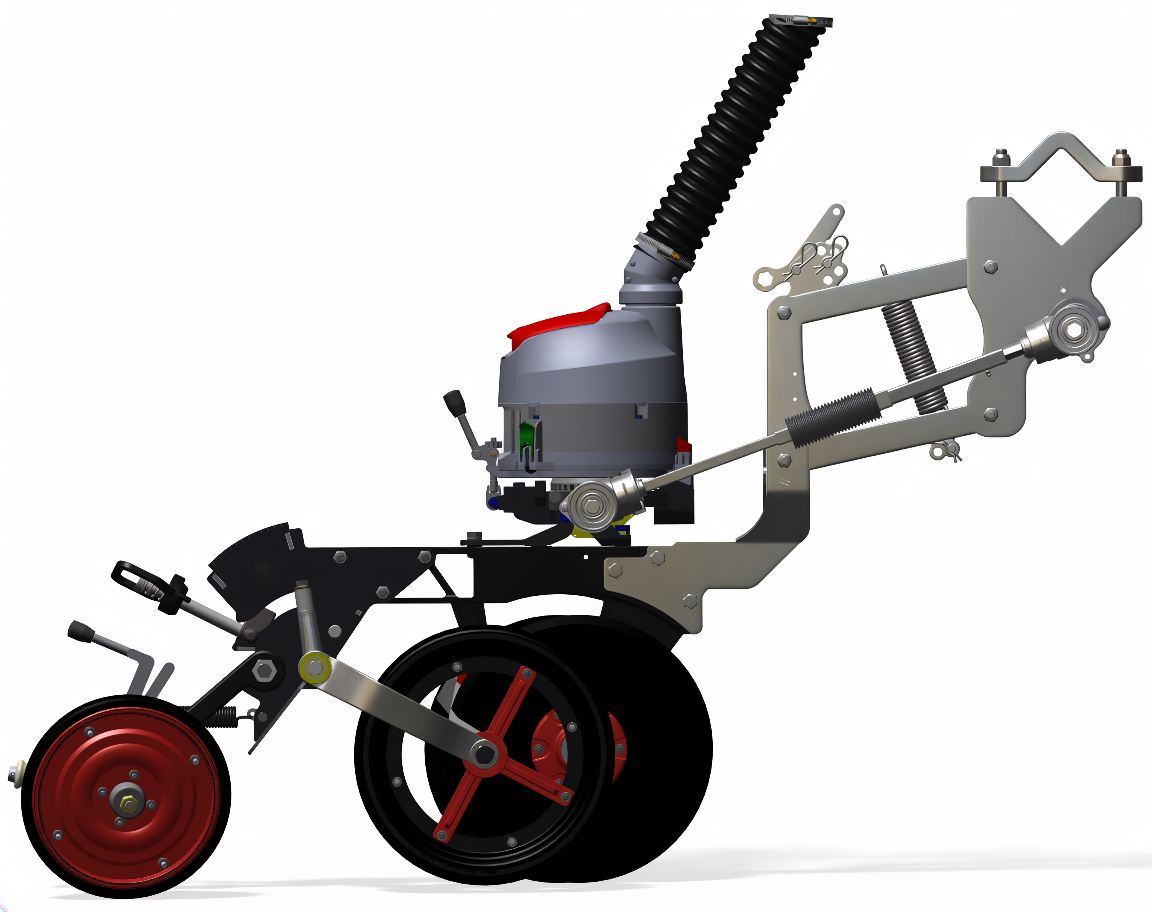 &nbsp; &nbsp;Linha de plantio Baldan: roda de controle de profundidade atuando próxima ao condutor de sementes da Baldan SPA Line 
 &nbsp;