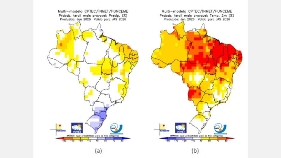 Previsão climática sazonal por tercil (categorias abaixo da faixa normal, dentro da faixa normal e acima da faixa normal), gerada pelo método objetivo (CPTec/Inpe, Inmet e Funceme); áreas em branco indicam igual probabilidade para as três categorias. (a) precipitação; (b) temperatura