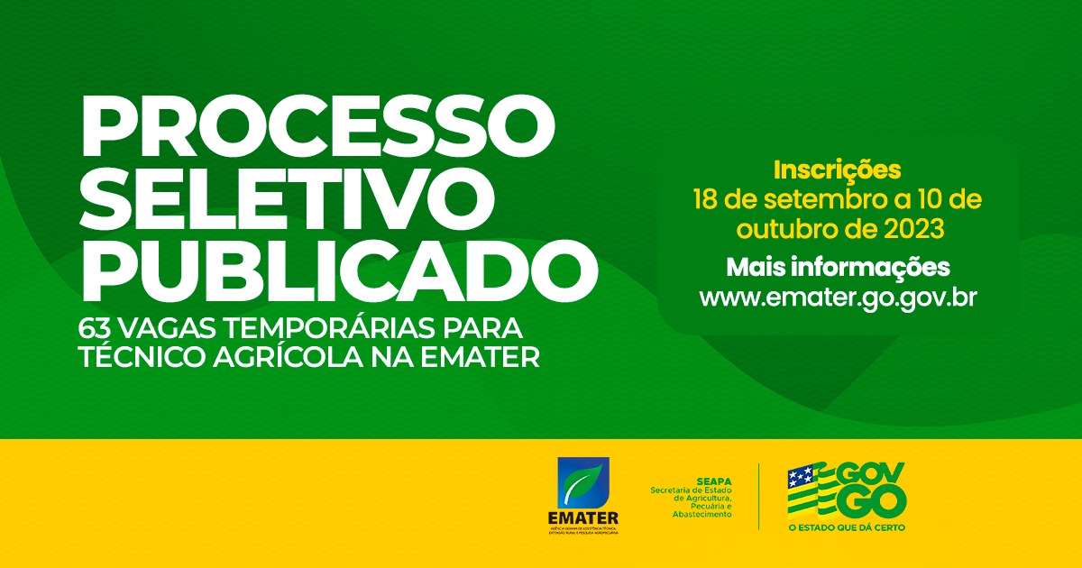 Governo de Goiás publica edital de processo seletivo com 63 vagas temporárias para Emater