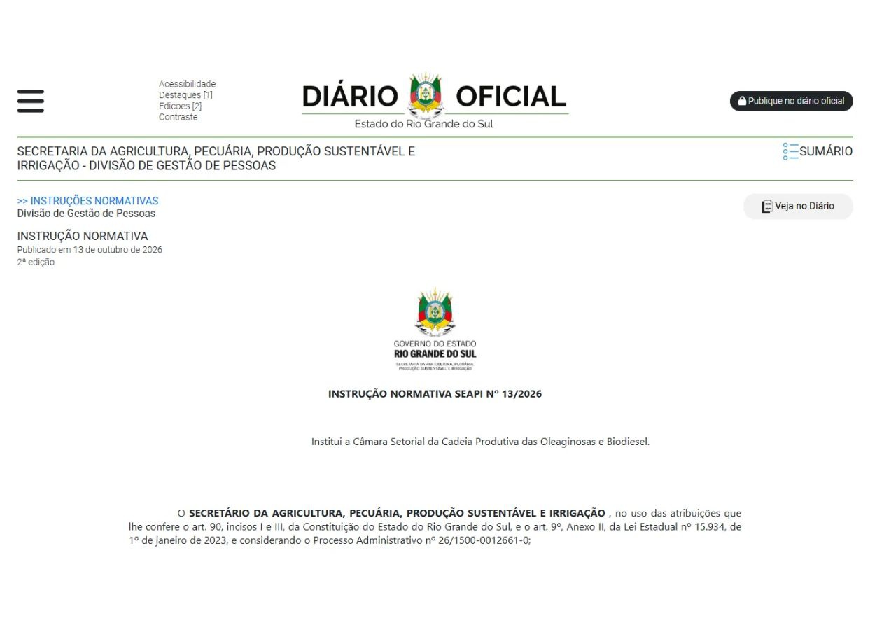 RS institui nova Câmara Setorial das Oleaginosas e Biodiesel