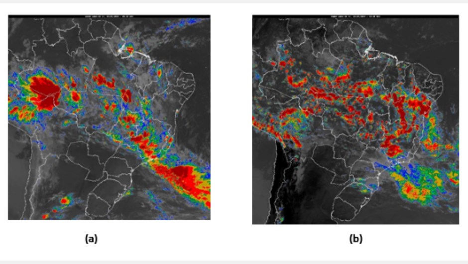 Figura 2: imagem de satélite dos dias: (a) 04/01/2024 às 08:30UTC (5h30min - hora de Brasília) e (b) 23/01/2024 às 19:30UTC (16h30 - hora de Brasília)