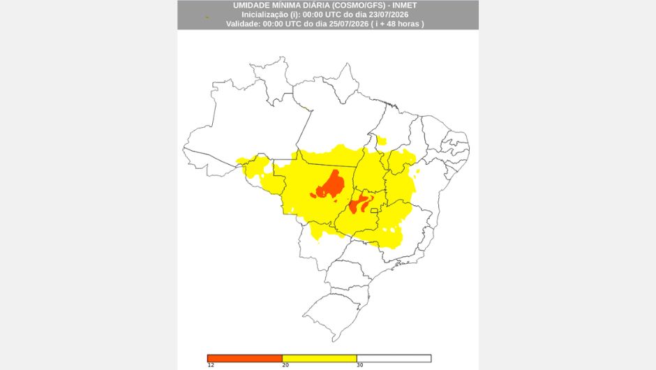 Previsão dos valores mínimos de umidade relativa do ar, válida para a tarde de sexta-feira, 24 de julho de 2026, obtida a partir dos modelos numéricos Cosmo e GFS; fonte: Inmet