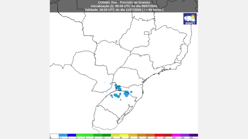 Mapa de previsão de granizo para às 15h de sábado (horário de Brasília) de 11 de julho de 2026,&nbsp;do modelo Cosmo; fonte: Inmet