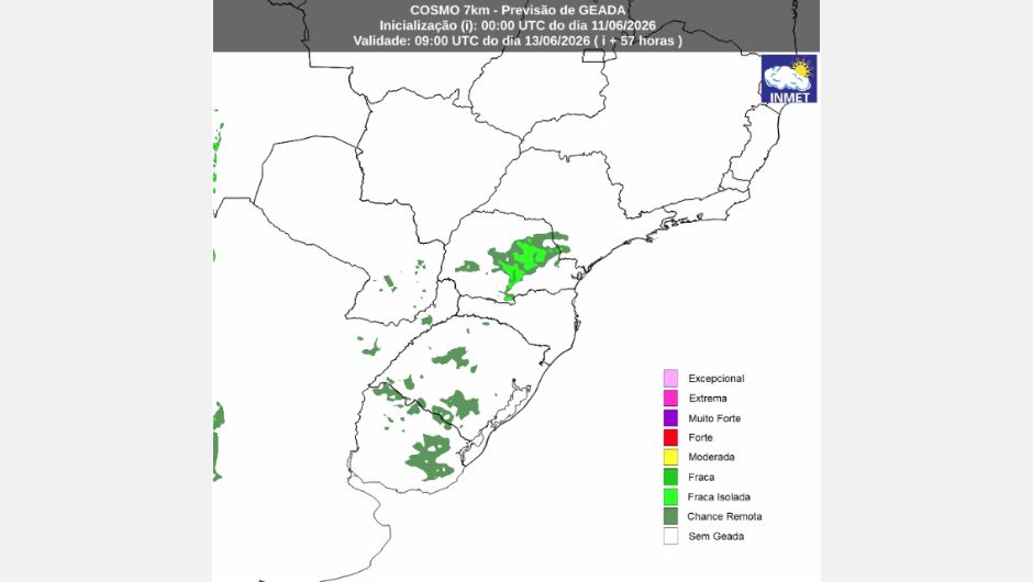 Probabilidade de geada entre a madrugada e a manhã do sábado (13); modelo Cosmo; fonte: Inmet