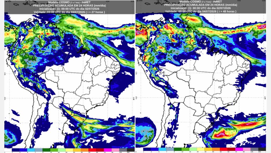 Chuva acumulada em 24h referente ao dia 3/7/2026 e 4/7/2026 do modelo Cosmo; fonte: Inmet