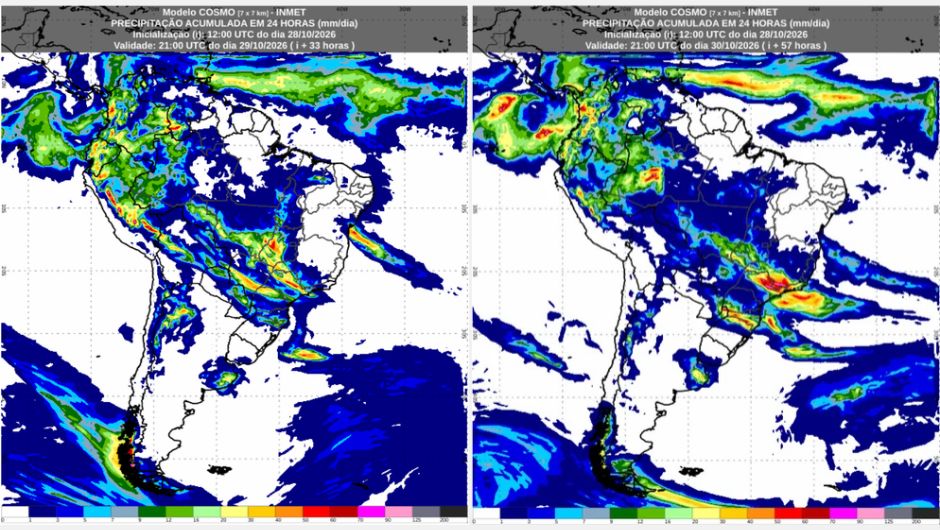 Previsão de acumulados de chuva de quarta-feira (28/10) até sexta-feira (30/10), conforme o modelo numérico de previsão de tempo Cosmo; fonte: Inmet