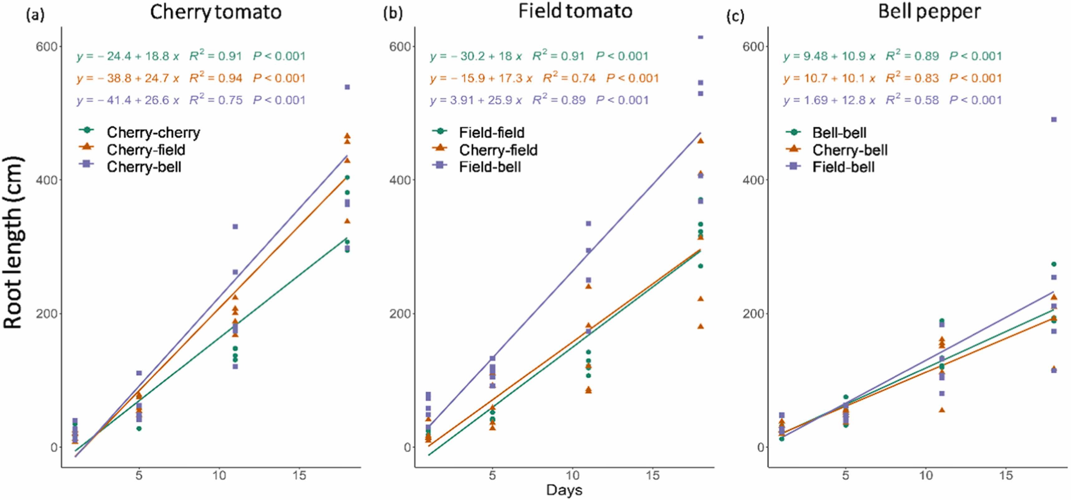 Modelos de regressão linear descrevendo o crescimento da raiz conforme representado pelo comprimento da raiz medido ao longo de 18 dias para pares com três graus de parentesco — alto (H-DOR), médio (M-DOR) e baixo (L-DOR) — de tomate cereja (a), tomate de campo (b) e pimentão (c). Cereja-cereja, campo-campo e bell-bell representam H-DOR; cereja-campo representa M-DOR, e L-DOR é composto pelas combinações distantemente relacionadas de cherry-bell e field-bell. Os valores representam médias de cinco réplicas biológicas independentes (n = 5). Os dias no eixo X representam os dias em que as imagens do sistema radicular nos rizoslides foram tiradas, após a transferência das plantas para a estufa. Significativo em P &lt; 0,05 -&nbsp;doi.org/10.1016/j.plantsci.2024.112203