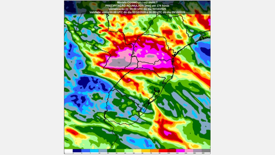 Figura 1: previsão de chuva acumulada entre os dias 02 e 09 de outubro (mm); fonte: Inmet