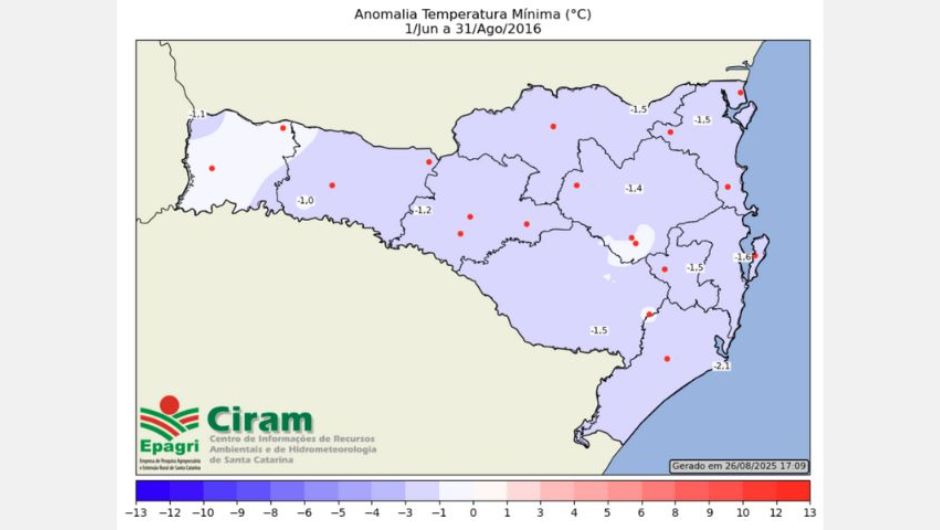 Figura 2 – anomalias de temperatura em SC, máxima e mínima, no trimestre junho, julho e agosto de 2016; fonte: dados monitorados na Rede Epagri/Ciram e estações de terceiros (sujeitos à correção posterior)