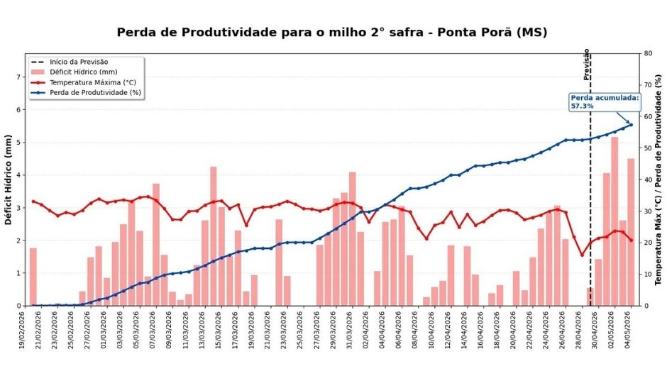 Estimativa de perda de produtividade para a cultura do milho no período de 20 de fevereiro a 04 de maio de 2026 em Ponta Porã (MS); fonte: Sisdagro